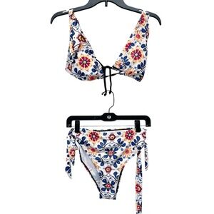 Berry Jane Women's White Floral Tile Print Tie Front Bikini Swimsuit Set Size M